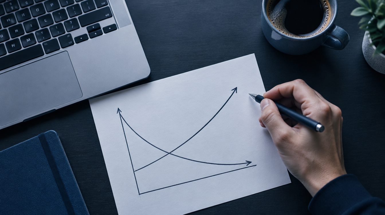 A hand sketching a rising revenue curve and a falling cost curve